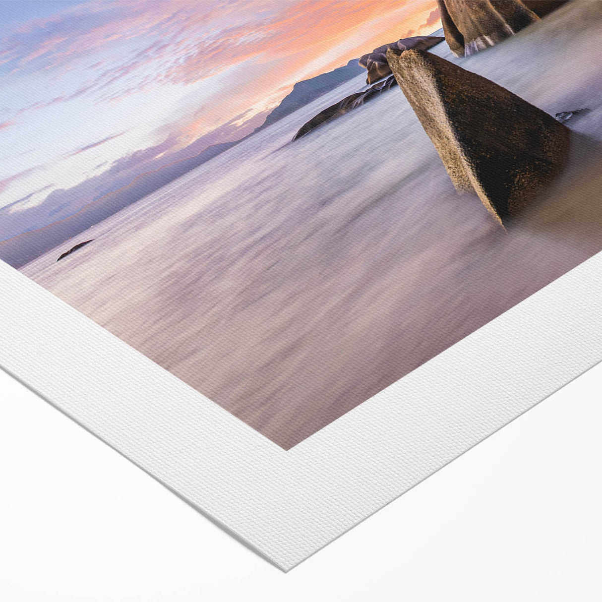 Rolled canvas print showcasing a serene beach landscape, featuring vibrant colors and soft waves, ideal for home decor or relaxation spaces.