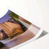 Serene beach landscape wall art print showcasing vibrant blue waters and golden sands, rolled for easy framing and display, ideal for coastal decor enthusiasts.