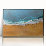 Framed acrylic wall art featuring a vibrant beach landscape design with gold accents, ideal for home decor. Perfect for adding a coastal vibe to any space.
