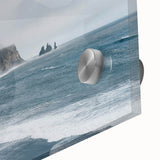 Close-up of a vibrant acrylic wall art piece depicting a serene beach landscape, showcasing vivid colors and detailed textures, perfect for coastal decor enthusiasts.