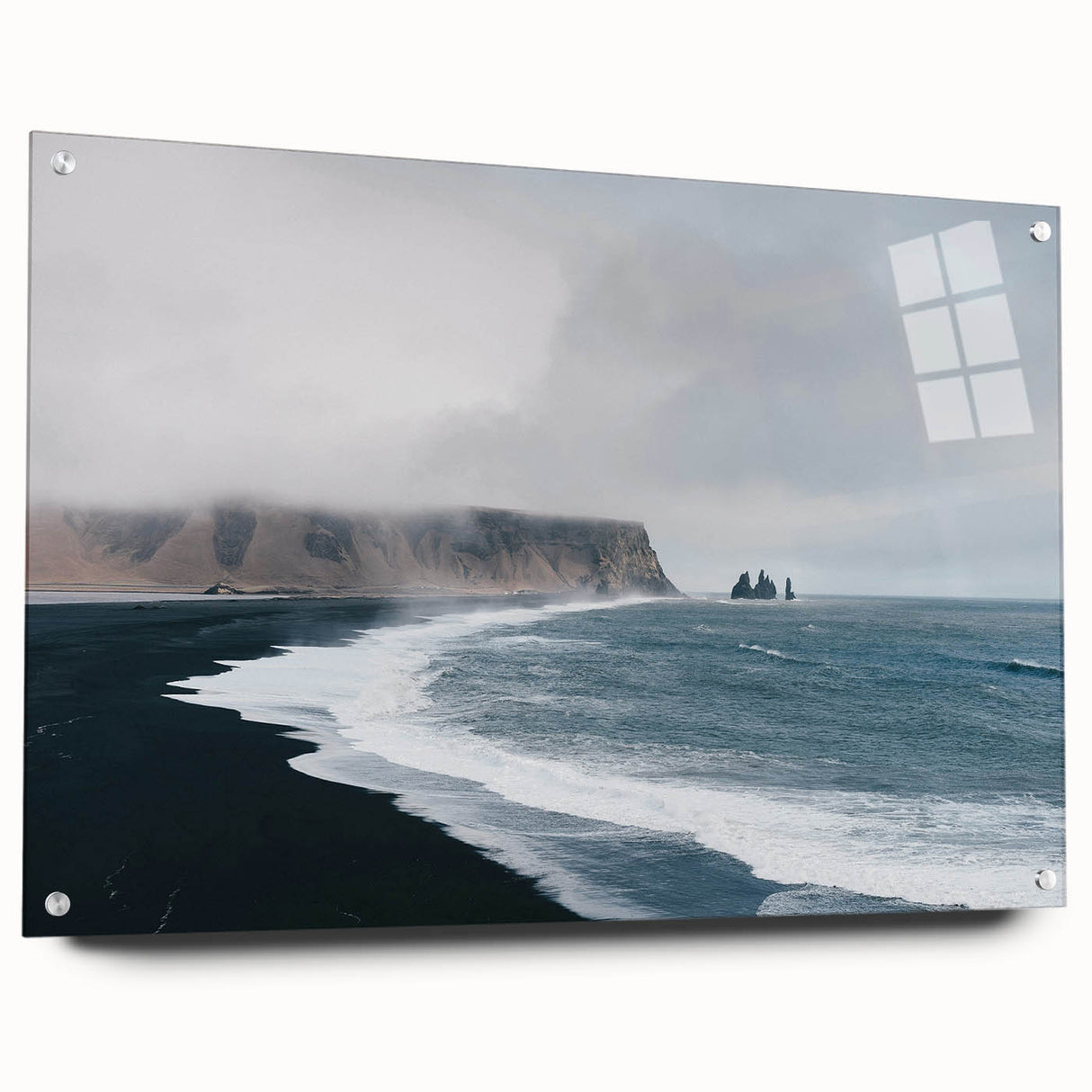 Acrylic glass wall art showcasing a vibrant beach landscape design with a side view, featuring colorful pins for easy hanging and display, perfect for coastal decor enthusiasts.