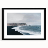 Framed wall art showcasing a serene beach landscape design with vibrant colors, set in a sleek black frame with a mat, ideal for home decor enhancement.