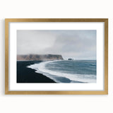 Elegant gold-framed wall art showcasing a serene beach landscape design with a white mat, perfect for home decor or office aesthetics, capturing a tranquil vibe.