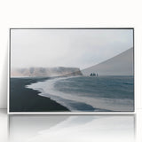 Framed acrylic wall art featuring a serene beach landscape with vibrant colors, set in a sleek white frame, perfect for home decor and coastal-themed interiors.