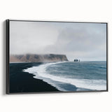 Framed canvas wall art showcasing a serene beach landscape with vibrant colors, designed to enhance home decor, viewed from the side against a neutral background.