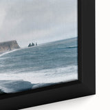 Framed canvas wall art showcasing a vibrant beach landscape design, featuring vivid blues and sandy tones, perfect for home decor enthusiasts seeking coastal inspiration.