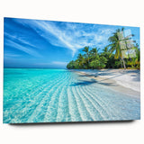 Acrylic glass wall art piece showcasing a vibrant beach landscape design, featuring vivid colors and intricate details, perfect for adding a coastal touch to home decor.