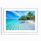 White-framed wall art featuring a serene beach landscape design with soft pastel colors and a mat border, perfect for home decor and coastal themes.