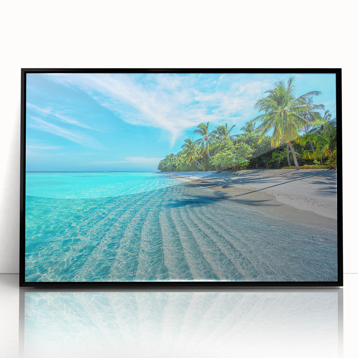 Framed acrylic wall art showcasing a serene beach landscape featuring vibrant blues and sandy hues, perfect for coastal decor enthusiasts.