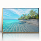 Framed acrylic wall art featuring a serene beach landscape with golden accents, perfect for home decor or office ambiance. Ideal for coastal-themed interiors.