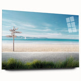Acrylic glass wall art showcasing a serene beach landscape with vibrant colors and intricate details, designed to enhance modern home decor aesthetics.