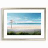 Framed landscape beach wall art collection with a silver mat, showcasing vibrant coastal scenery. Ideal for enhancing home decor with a calming ocean view.