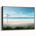 Framed canvas wall art showcasing a serene beach landscape design with vibrant colors, perfect for home decor. The artwork features a black frame and side view highlighting its elegant finish. Ideal for beach-themed interiors or as a gift for art lovers.