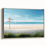 Framed canvas wall art depicting a serene beach landscape with golden hues, elegantly designed for home decor, showcasing a side view and modern aesthetic.