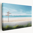 Stretched canvas artwork showcasing a serene beach landscape with vibrant colors and soft waves, perfect for home decor or coastal-themed spaces.
