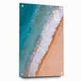 Acrylic glass wall art showcasing a vibrant beach landscape design, featuring vivid colors and intricate details, displayed from a side view with decorative pins, perfect for enhancing home decor.
