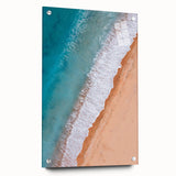 Acrylic glass wall art showcasing a vibrant beach landscape design, featuring vivid colors and intricate details, displayed from a side view with decorative pins, perfect for enhancing home decor.
