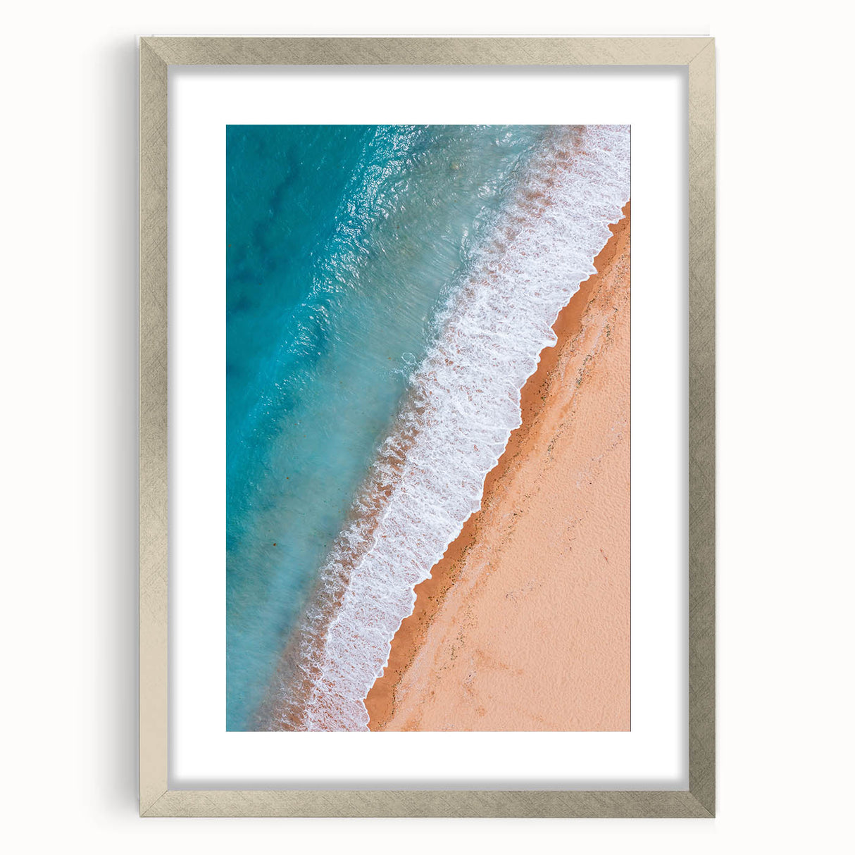 Framed wall art featuring a serene beach landscape design with a silver mat, showcasing vibrant colors and tranquil scenery, ideal for home decor enhancement.