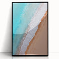 Framed acrylic wall art print of a serene beach landscape, featuring vibrant blue skies and sandy shores, designed to enhance home decor with a modern touch.