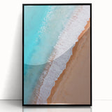 Framed acrylic wall art print of a serene beach landscape, featuring vibrant blue skies and sandy shores, designed to enhance home decor with a modern touch.