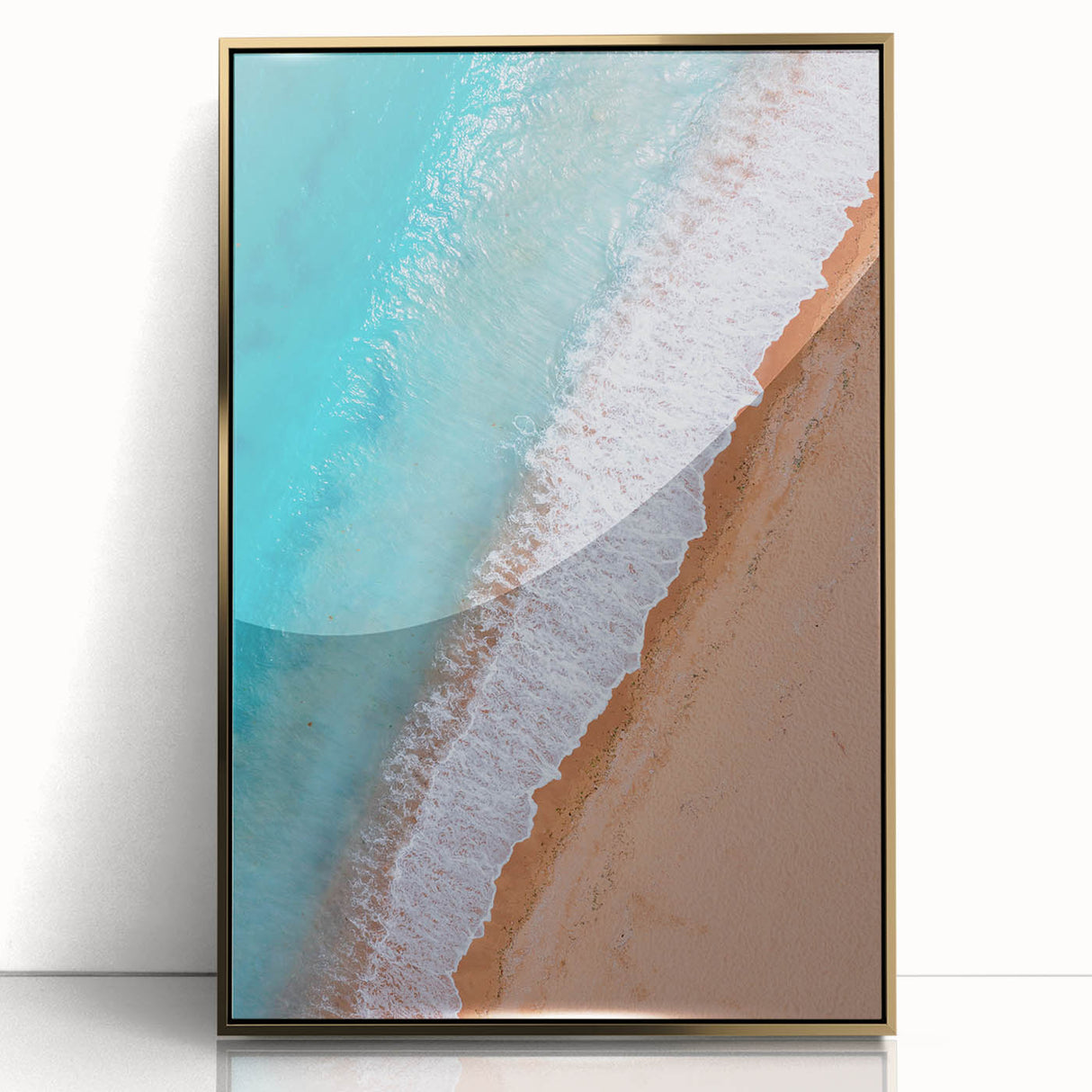 Framed wall art featuring a serene beach landscape, accented with gold details, presented in an elegant acrylic finish, ideal for modern home decor.
