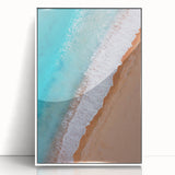 Framed acrylic wall art showcasing a serene beach landscape in vibrant colors, designed to enhance modern home decor, displayed from a white front view.