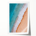 Rolled print of a serene beach landscape featuring soft blue skies and gentle waves, ideal for home decor, showcasing tranquil coastal vibes and artistic elegance.