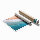 Rolled print showcasing a vibrant beach landscape design, featuring sandy shores, turquoise waves, and a clear blue sky, perfect for home decor enthusiasts.