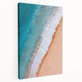 Stretched canvas wall art showcasing a serene beach landscape design, featuring vibrant blue ocean waves and soft beige sand, ideal for coastal home decor.