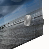 Close-up of a vibrant acrylic wall art piece showcasing a serene beach landscape, featuring soft pastel colors and intricate details, perfect for coastal decor.