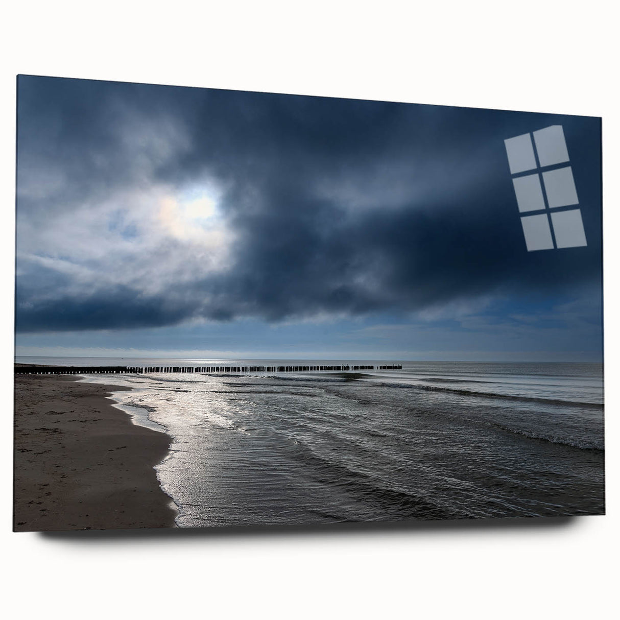 Acrylic glass wall art design showcasing a vibrant beach landscape, featuring vivid colors and detailed textures, perfect for modern home decor.