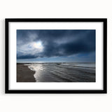 Framed wall art featuring a serene beach landscape design with a black mat, showcasing calming colors and intricate details, perfect for home decor.