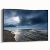 Framed canvas wall art depicting a serene beach landscape, designed with vibrant colors and intricate details; features a sleek black frame for an elegant presentation.