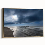 Framed canvas wall art featuring a serene beach landscape with golden hues, designed to complement modern interiors and evoke a tranquil atmosphere. Perfect for enhancing living spaces.