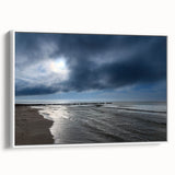 Framed canvas wall art showcasing a serene beach landscape with vibrant colors and intricate details, designed to enhance modern home decor. The artwork features a white frame, adding elegance to any room setting.