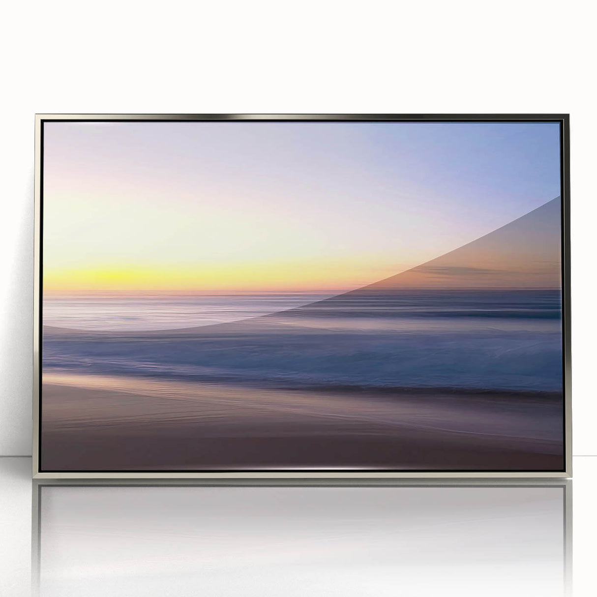 Framed acrylic wall art depicting a serene beach landscape with vibrant colors, set in a sleek silver frame, ideal for modern home decor.