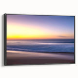 Framed canvas wall art showcasing a serene beach landscape design with vibrant colors, set against a sleek black frame, ideal for home decor and relaxation.