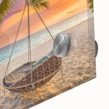 Close-up of a stunning acrylic glass wall art piece showcasing vibrant beach landscape design, highlighting vivid colors and intricate details, ideal for modern home decor.