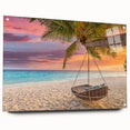 Acrylic glass wall art featuring a vibrant beach landscape design, displayed from a side view with visible mounting pins, perfect for modern home decor.