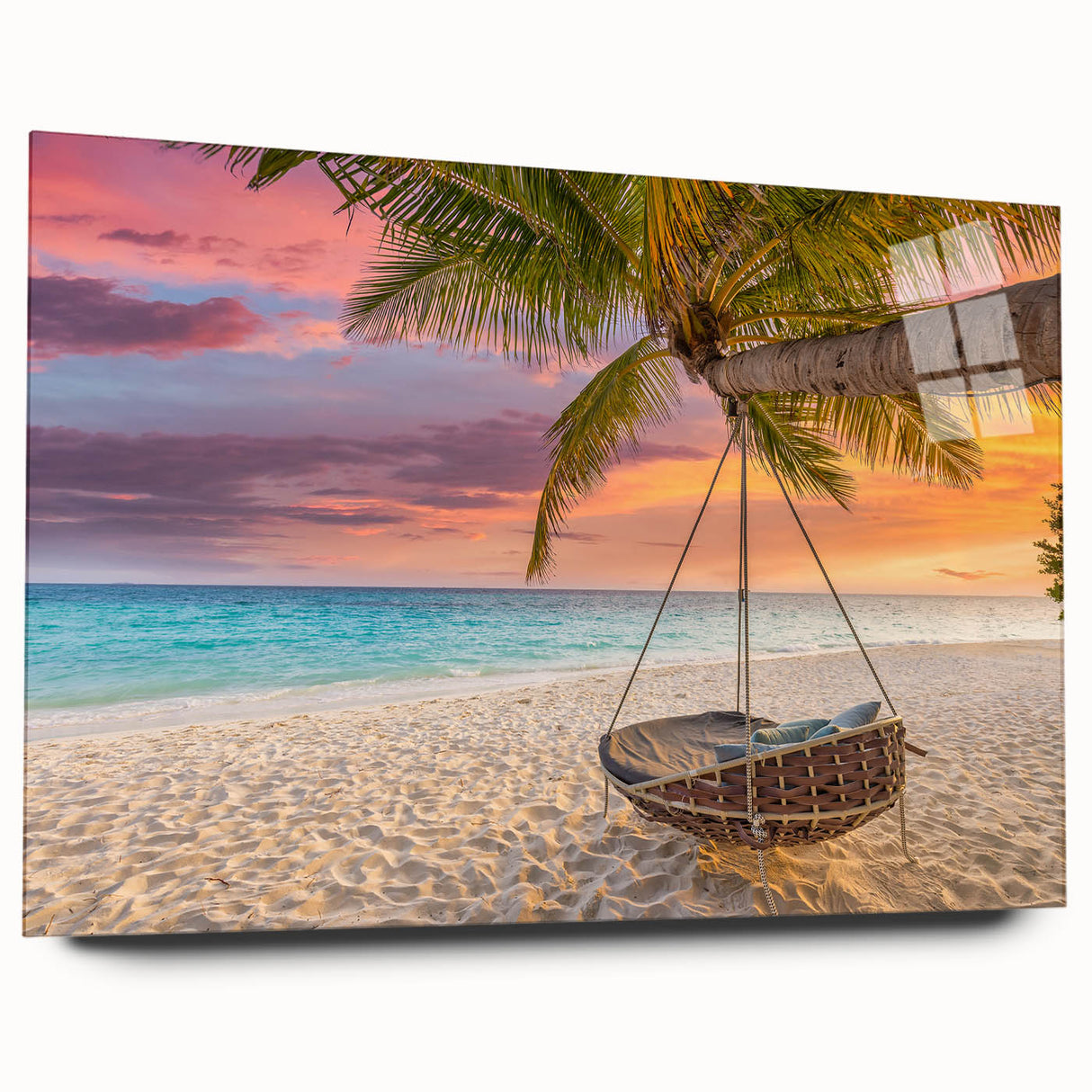 Acrylic glass wall art showcasing a vibrant beach landscape design with vivid colors, displayed from a side view. Ideal for home decor, enhancing coastal aesthetics.