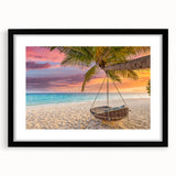 Framed wall art showcasing a serene beach landscape with vibrant colors, featuring a sleek black frame and mat, perfect for home decor enhancement.