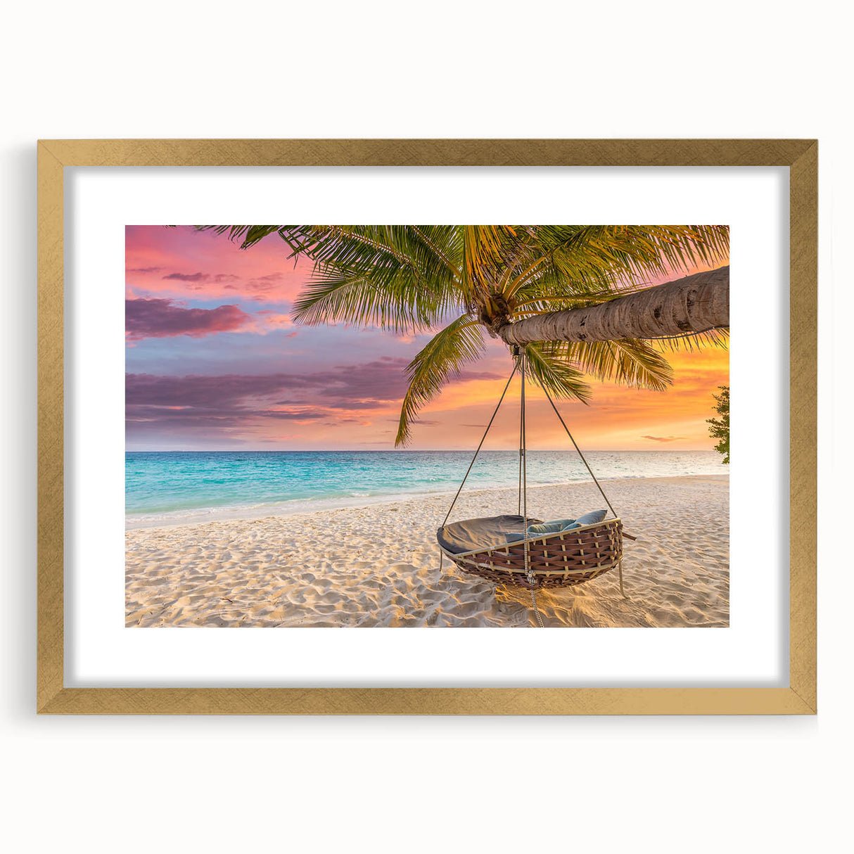 Framed wall art collection featuring a picturesque beach landscape with vivid colors and a gold mat, ideal for home decor and coastal-themed interiors.