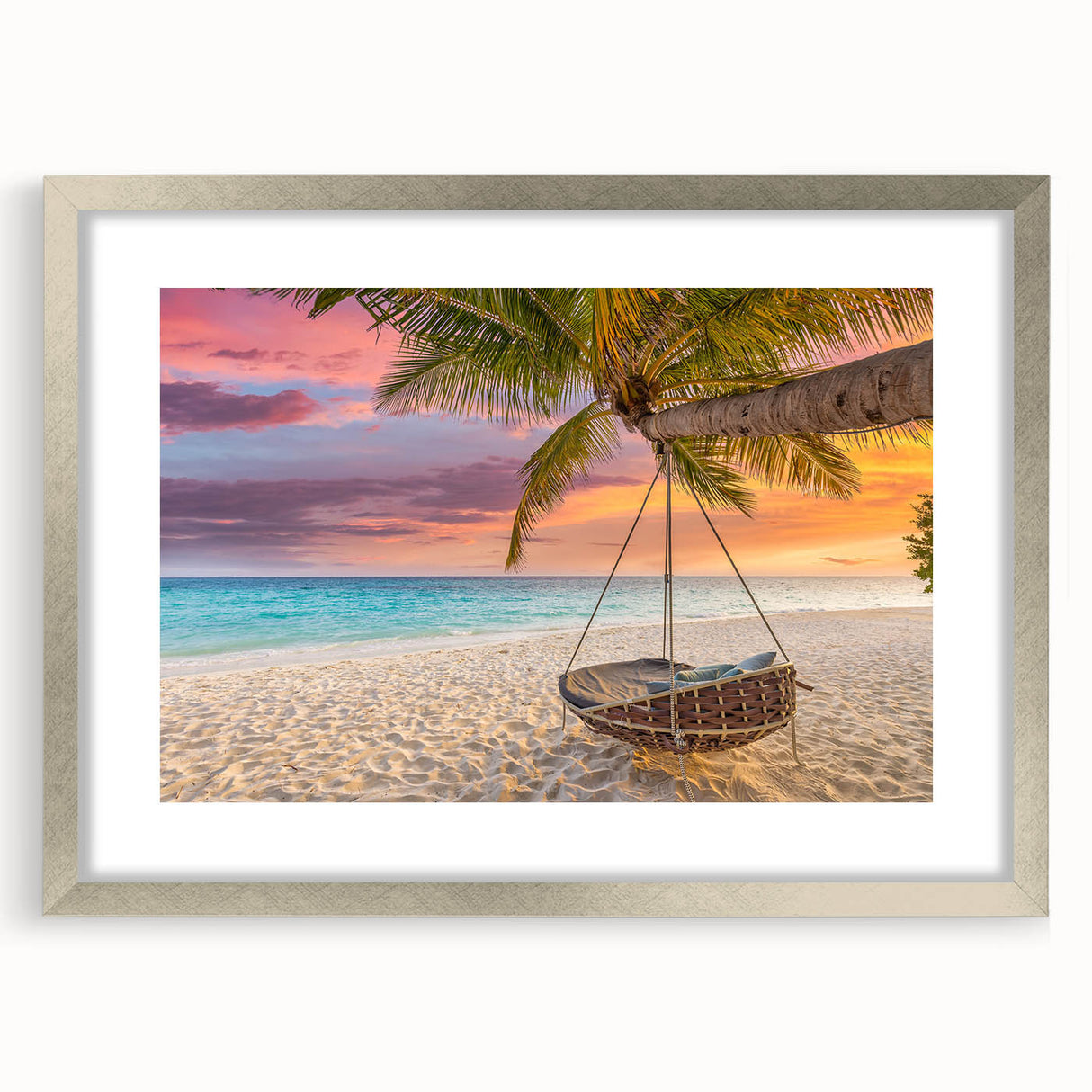 Framed wall art collection featuring a serene beach landscape design with a silver mat and frame, ideal for enhancing home decor and creating a tranquil atmosphere.
