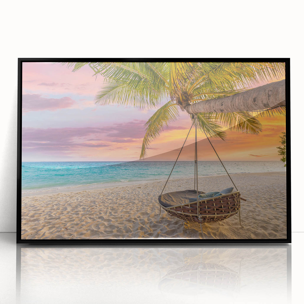 Framed black wall art featuring a scenic beach landscape design with vibrant colors, ideal for home decor and enhancing interior aesthetics. Perfect for coastal-themed spaces.