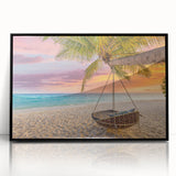 Framed black wall art featuring a scenic beach landscape design with vibrant colors, ideal for home decor and enhancing interior aesthetics. Perfect for coastal-themed spaces.