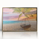 Framed acrylic wall art showcasing a serene beach landscape, featuring golden hues and intricate details, ideal for enhancing modern home decor.