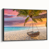 Framed canvas wall art showcasing a scenic beach landscape with vibrant colors, featuring a black frame and side view, perfect for home decor and coastal themes.