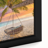 Close-up of a framed canvas wall art piece showcasing a vibrant beach landscape design, featuring vivid colors and intricate details for an inviting decor accent.