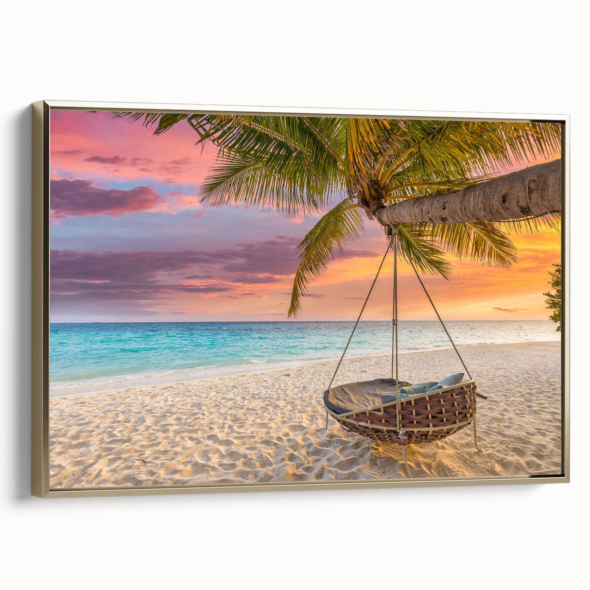 Framed canvas wall art showcasing a serene beach landscape with vibrant colors and gold accents, perfect for home decor in coastal-themed interiors.