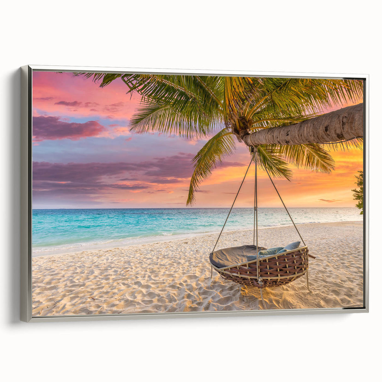 Framed canvas wall art showcasing a serene beach landscape in muted colors, featuring silver accents and a modern design, ideal for coastal-themed decor.